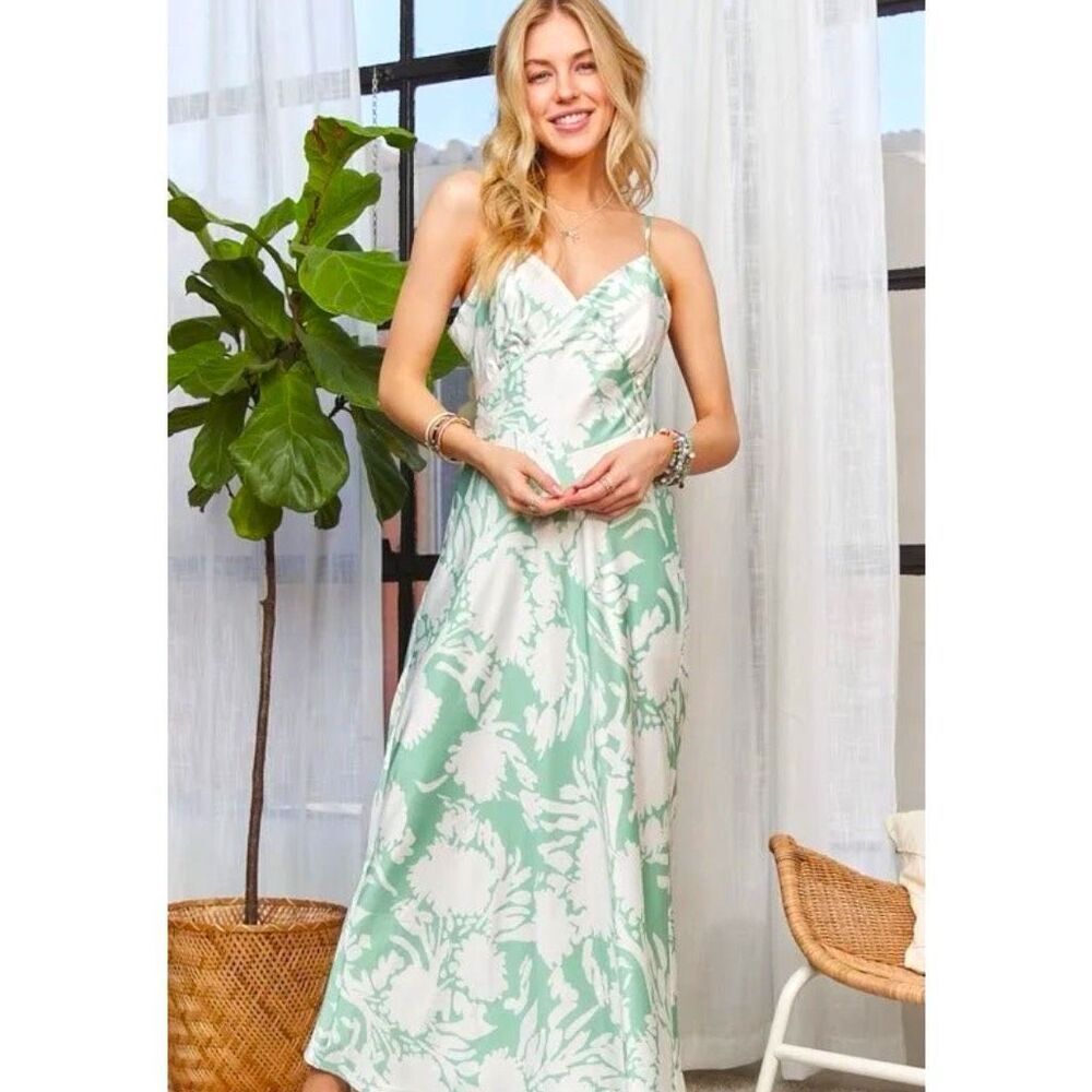 Adora Eucalyptus Floral Silky Satin Open-Back Tie Maxi Dress NEW - Picture 2 of 13